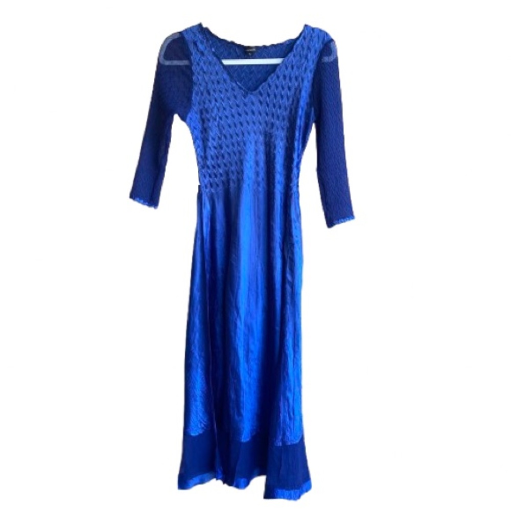 KOMAROV V-Neck Pleated Dress w/ Sheer Sleeves & Hemline Size Small Blue - Picture 3 of 14